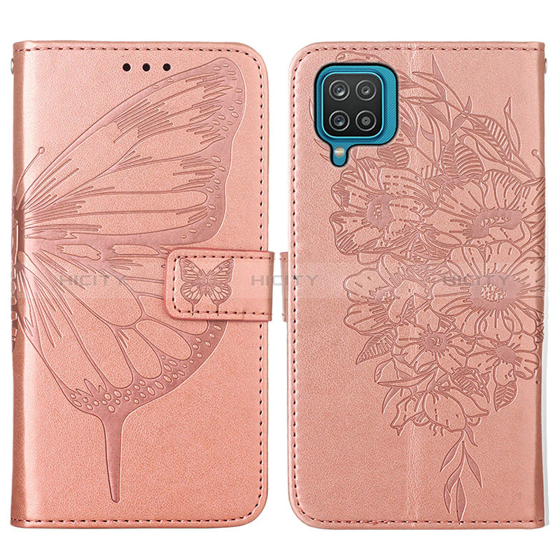 Coque Portefeuille Papillon Livre Cuir Etui Clapet Y01B pour Samsung Galaxy A12 Nacho Or Rose Plus