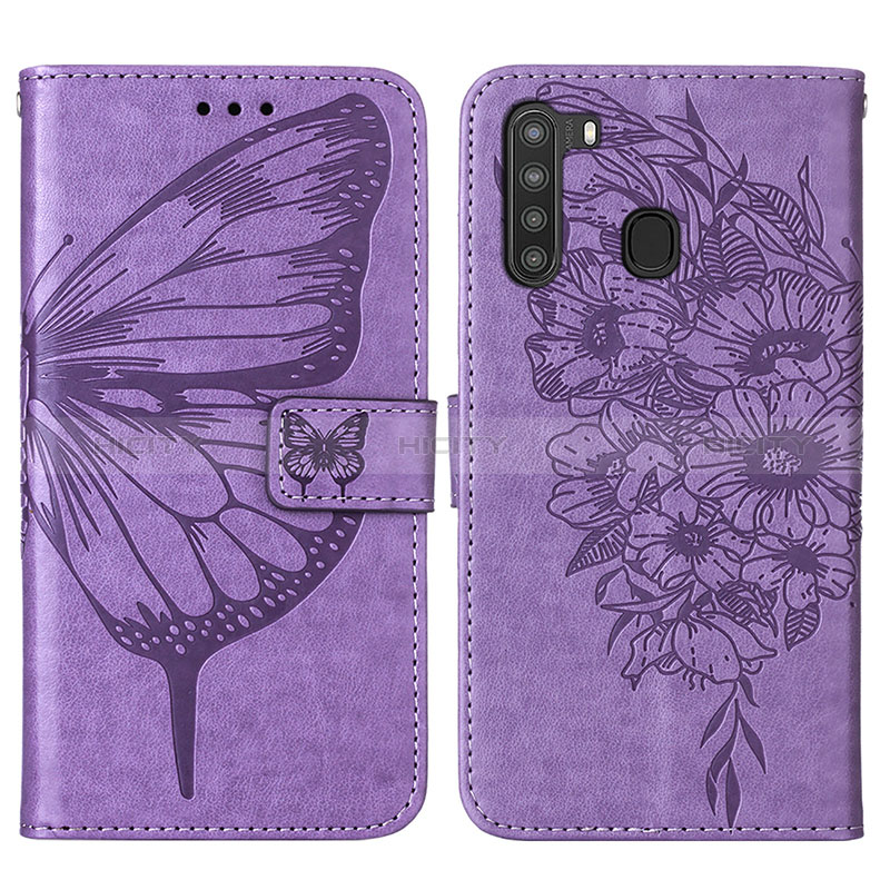 Coque Portefeuille Papillon Livre Cuir Etui Clapet Y01B pour Samsung Galaxy A21 Violet Clair Plus