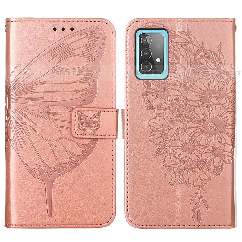 Coque Portefeuille Papillon Livre Cuir Etui Clapet Y01B pour Samsung Galaxy A52 5G Or Rose Plus