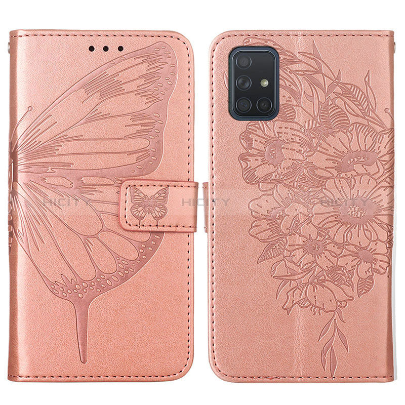 Coque Portefeuille Papillon Livre Cuir Etui Clapet Y01B pour Samsung Galaxy A71 4G A715 Or Rose Plus