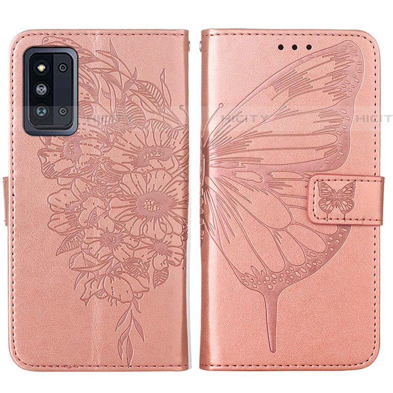 Coque Portefeuille Papillon Livre Cuir Etui Clapet Y01B pour Samsung Galaxy F52 5G Or Rose Plus