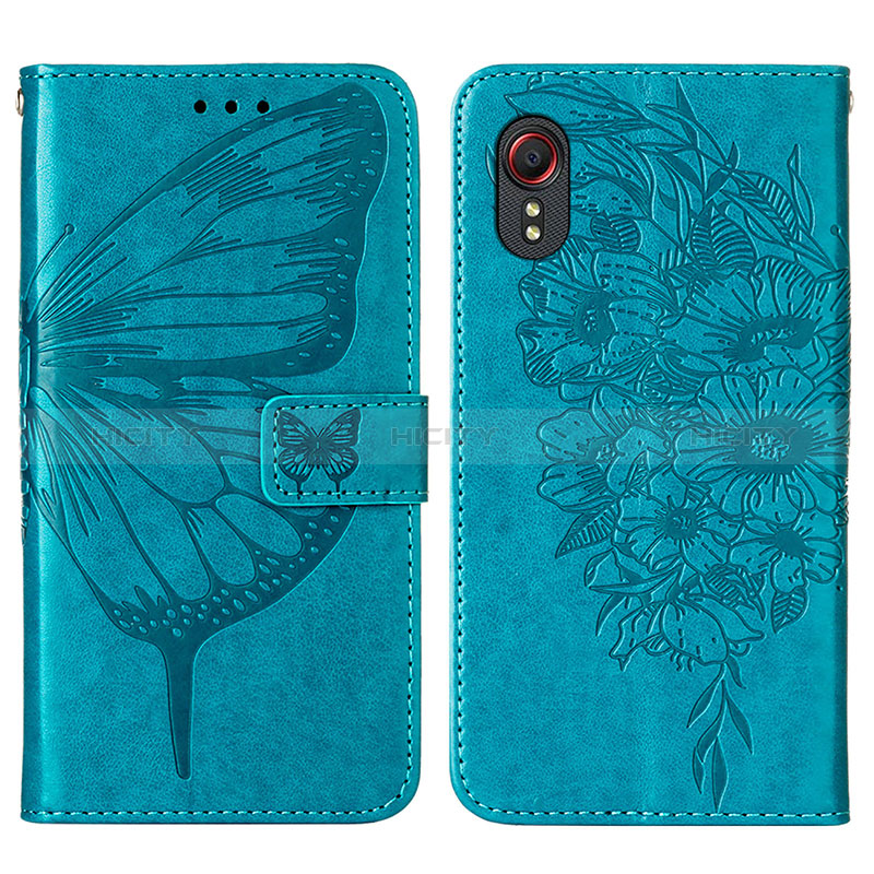 Coque Portefeuille Papillon Livre Cuir Etui Clapet Y01B pour Samsung Galaxy XCover 5 SM-G525F Bleu Plus