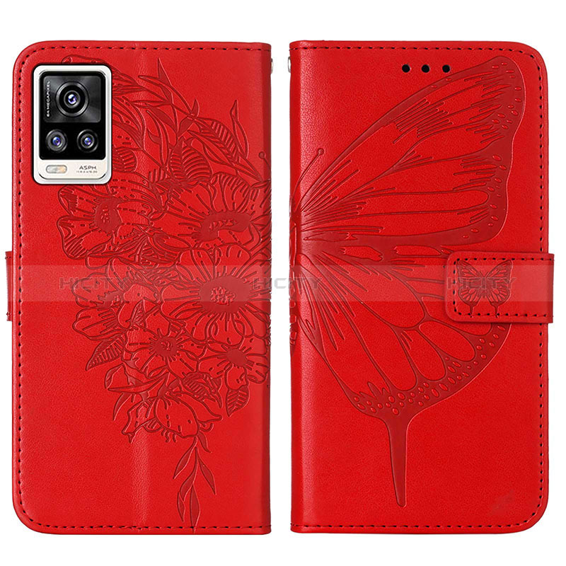 Coque Portefeuille Papillon Livre Cuir Etui Clapet Y01B pour Vivo V21e 4G Rouge Plus