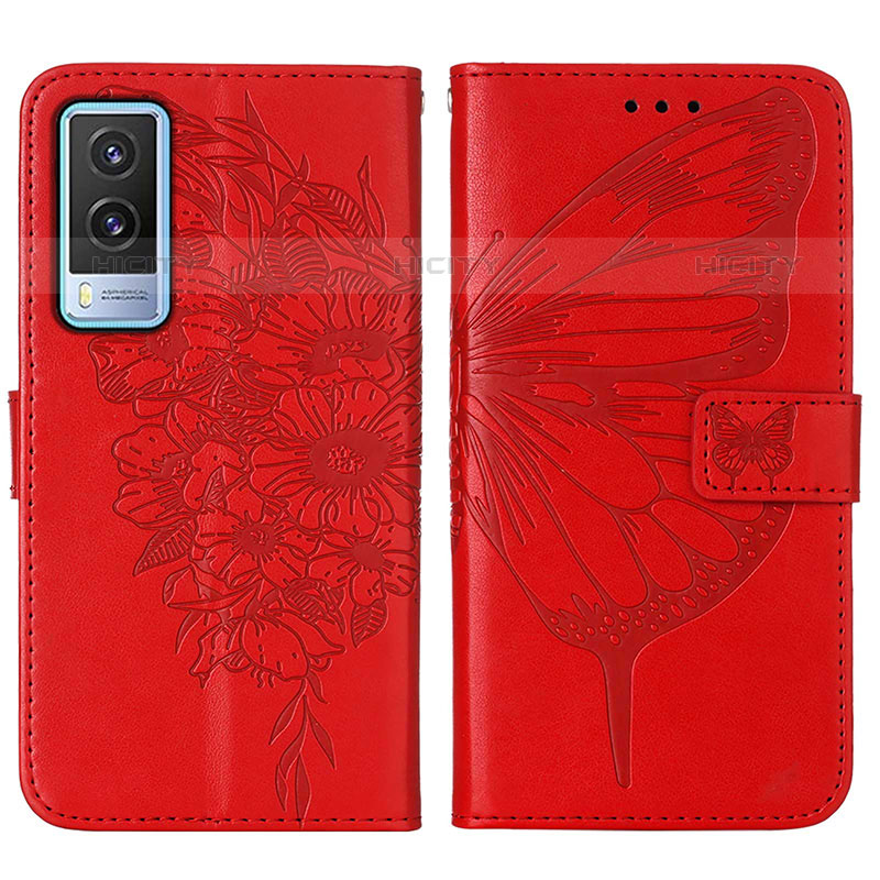 Coque Portefeuille Papillon Livre Cuir Etui Clapet Y01B pour Vivo V21e 5G Rouge Plus