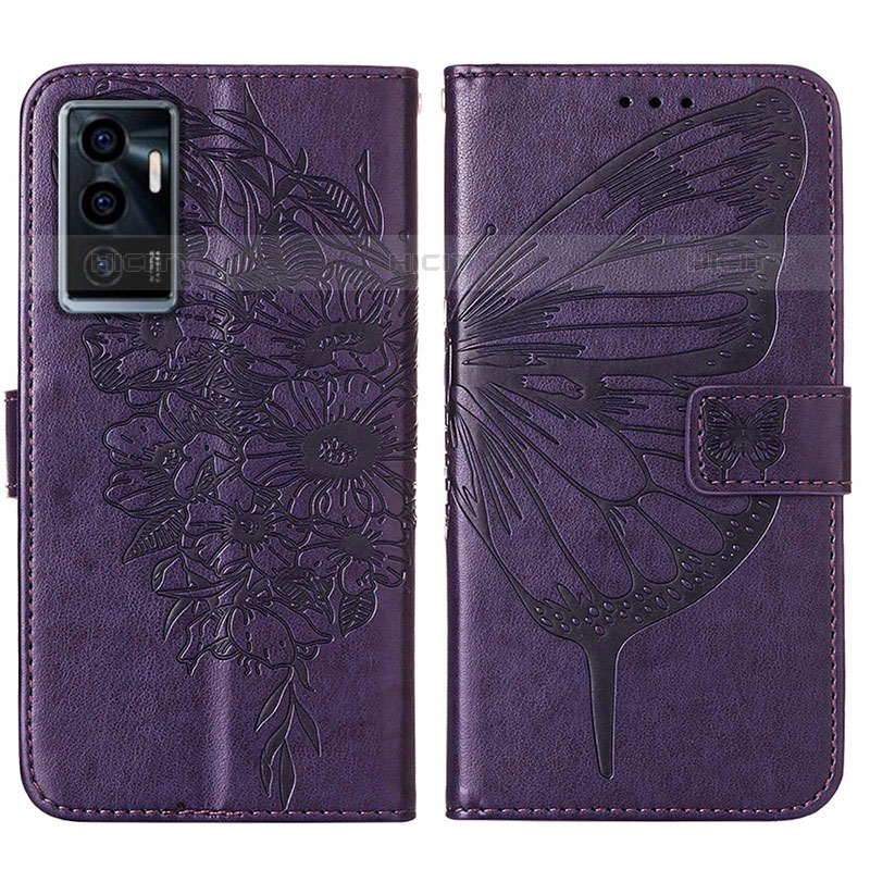 Coque Portefeuille Papillon Livre Cuir Etui Clapet Y01B pour Vivo V23e 5G Violet Plus