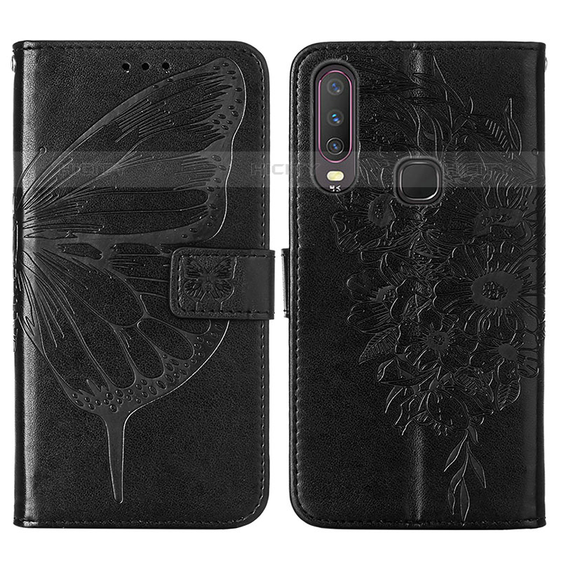 Coque Portefeuille Papillon Livre Cuir Etui Clapet Y01B pour Vivo Y12 Noir Plus