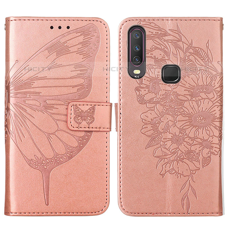 Coque Portefeuille Papillon Livre Cuir Etui Clapet Y01B pour Vivo Y12 Or Rose Plus