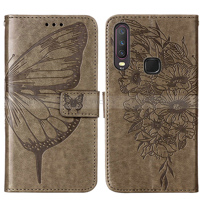 Coque Portefeuille Papillon Livre Cuir Etui Clapet Y01B pour Vivo Y3s Gris Plus