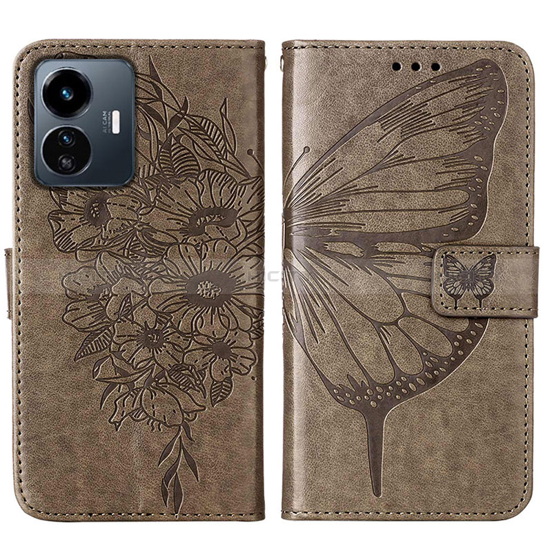 Coque Portefeuille Papillon Livre Cuir Etui Clapet Y01B pour Vivo Y77 5G Gris Plus