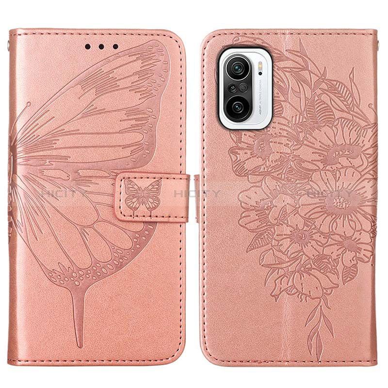 Coque Portefeuille Papillon Livre Cuir Etui Clapet Y01B pour Xiaomi Redmi K40 5G Or Rose Plus