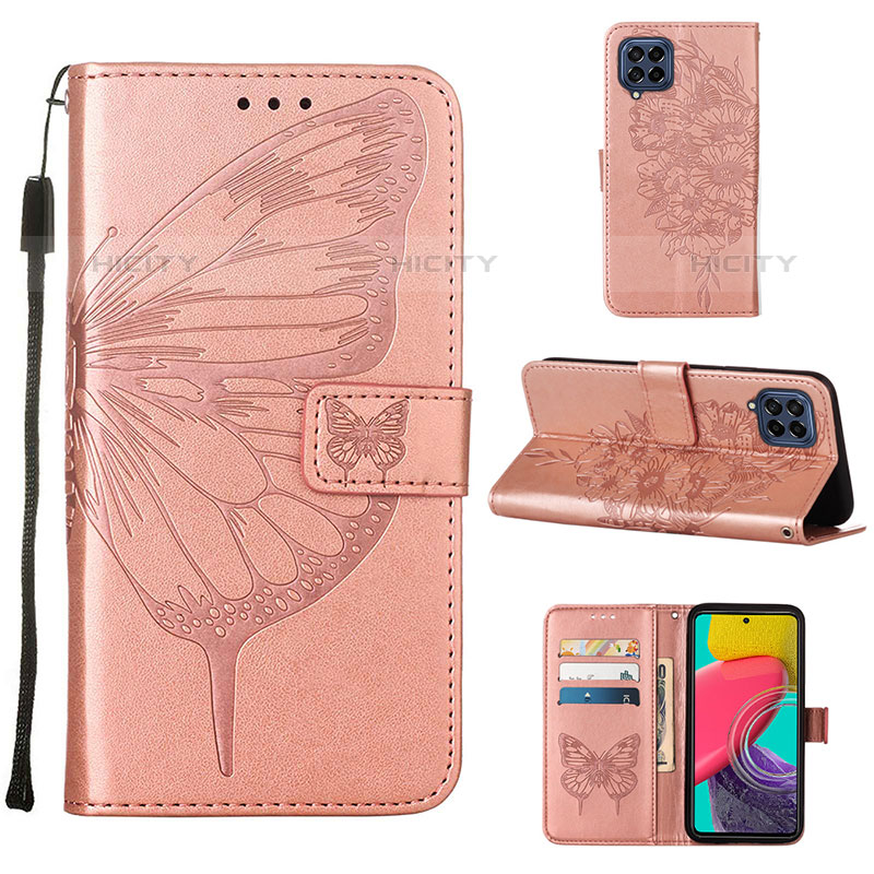 Coque Portefeuille Papillon Livre Cuir Etui Clapet Y02B pour Samsung Galaxy M53 5G Or Rose Plus