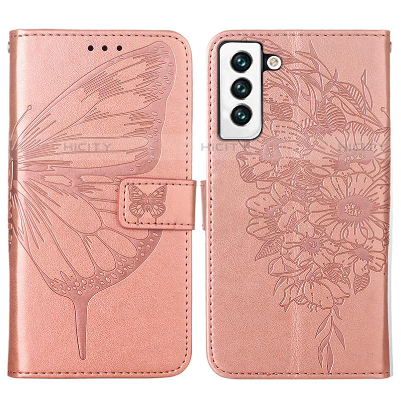 Coque Portefeuille Papillon Livre Cuir Etui Clapet Y06B pour Samsung Galaxy S21 Plus 5G Or Rose Plus