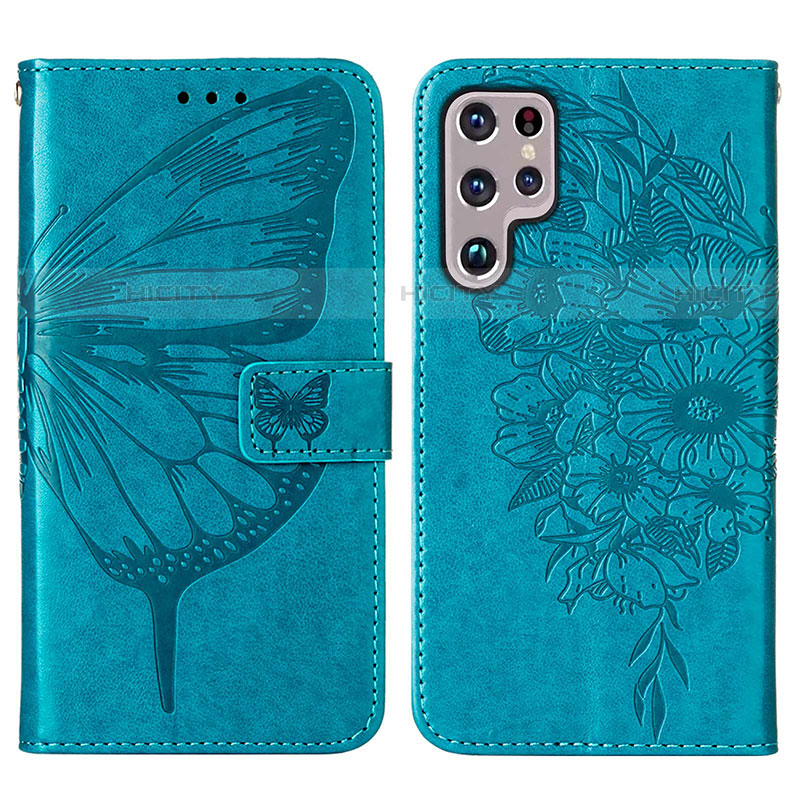 Coque Portefeuille Papillon Livre Cuir Etui Clapet Y06B pour Samsung Galaxy S21 Ultra 5G Bleu Plus