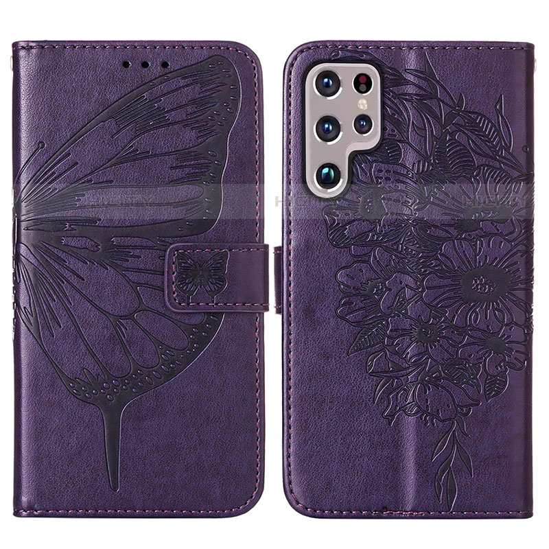 Coque Portefeuille Papillon Livre Cuir Etui Clapet Y06B pour Samsung Galaxy S22 Ultra 5G Violet Plus