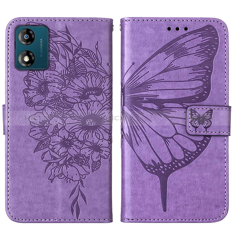 Coque Portefeuille Papillon Livre Cuir Etui Clapet YB1 pour Motorola Moto E13 Violet Clair Plus