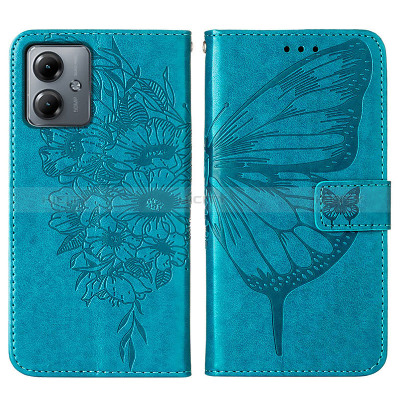 Coque Portefeuille Papillon Livre Cuir Etui Clapet YB1 pour Motorola Moto G14 Bleu Plus