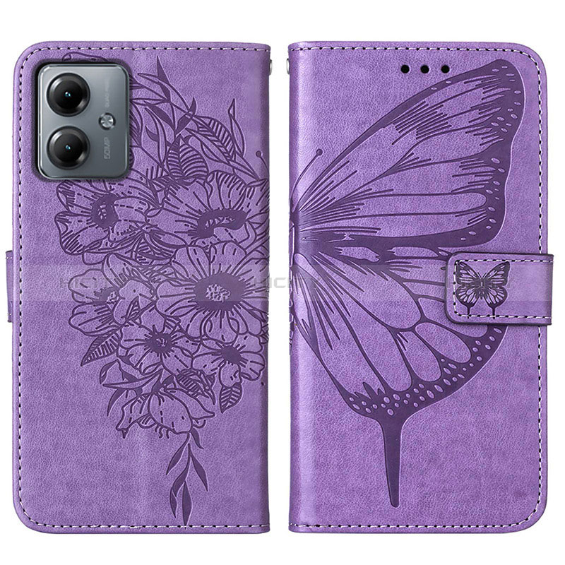 Coque Portefeuille Papillon Livre Cuir Etui Clapet YB1 pour Motorola Moto G14 Violet Clair Plus