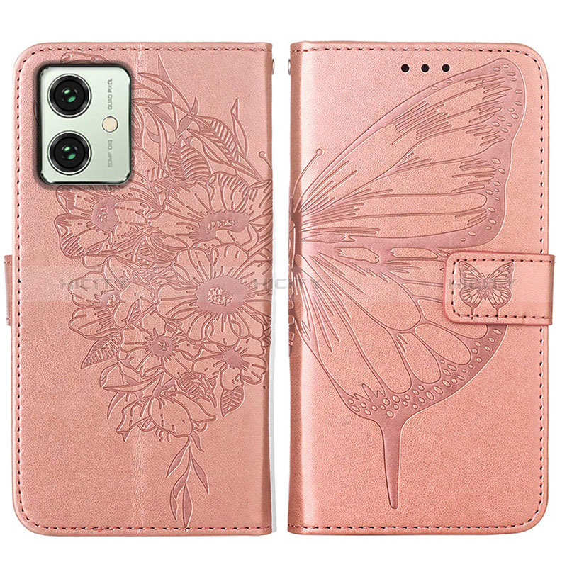 Coque Portefeuille Papillon Livre Cuir Etui Clapet YB1 pour Motorola Moto G54 5G Or Rose Plus