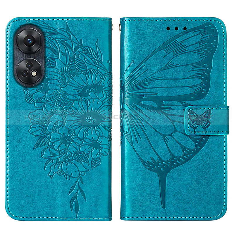 Coque Portefeuille Papillon Livre Cuir Etui Clapet YB1 pour Oppo Reno8 T 4G Bleu Plus