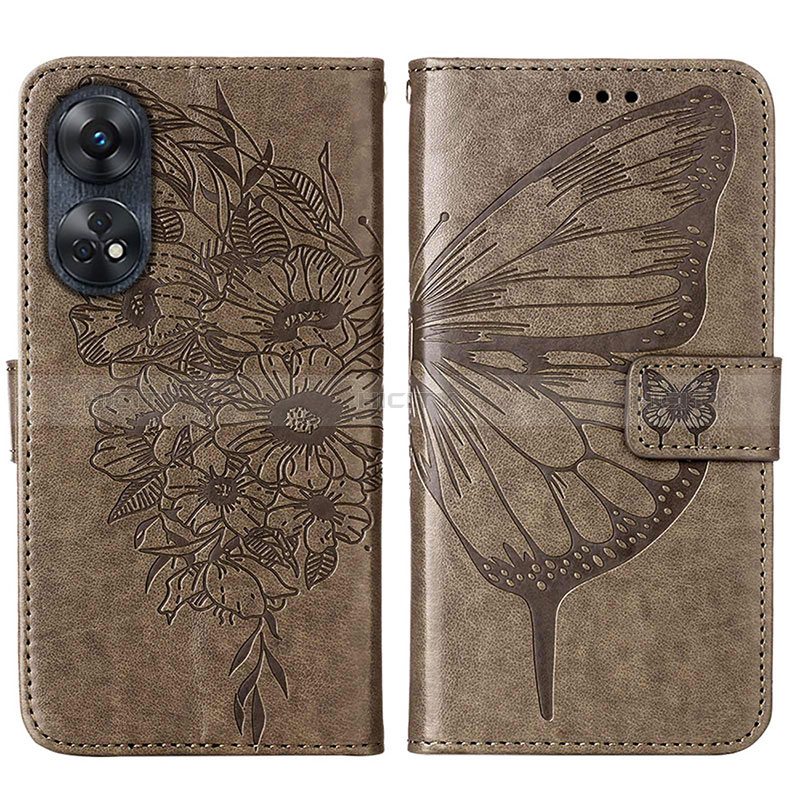 Coque Portefeuille Papillon Livre Cuir Etui Clapet YB1 pour Oppo Reno8 T 4G Gris Plus