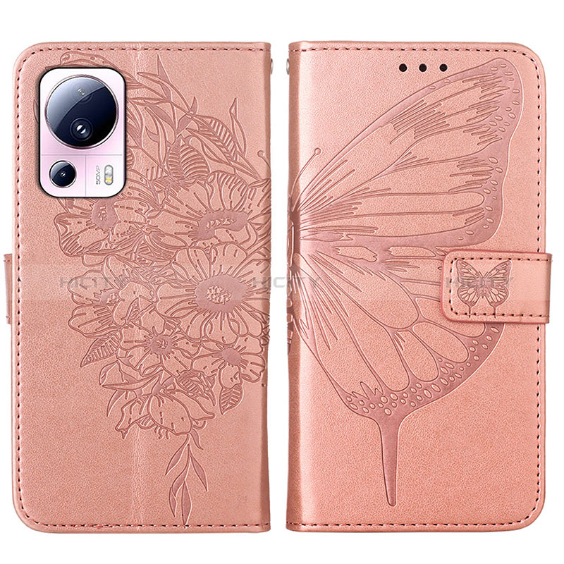 Coque Portefeuille Papillon Livre Cuir Etui Clapet YB1 pour Xiaomi Mi 13 Lite 5G Or Rose Plus