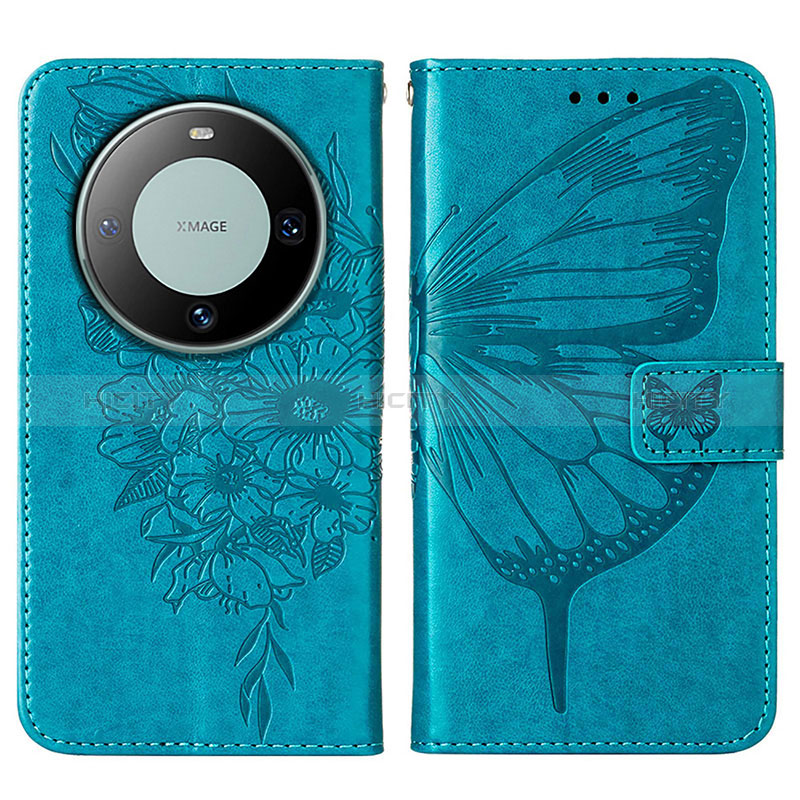 Coque Portefeuille Papillon Livre Cuir Etui Clapet YB2 pour Huawei Mate 60 Pro Bleu Plus