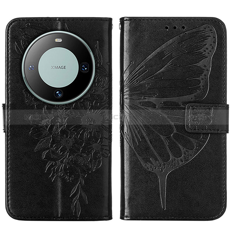 Coque Portefeuille Papillon Livre Cuir Etui Clapet YB2 pour Huawei Mate 60 Pro Noir Plus