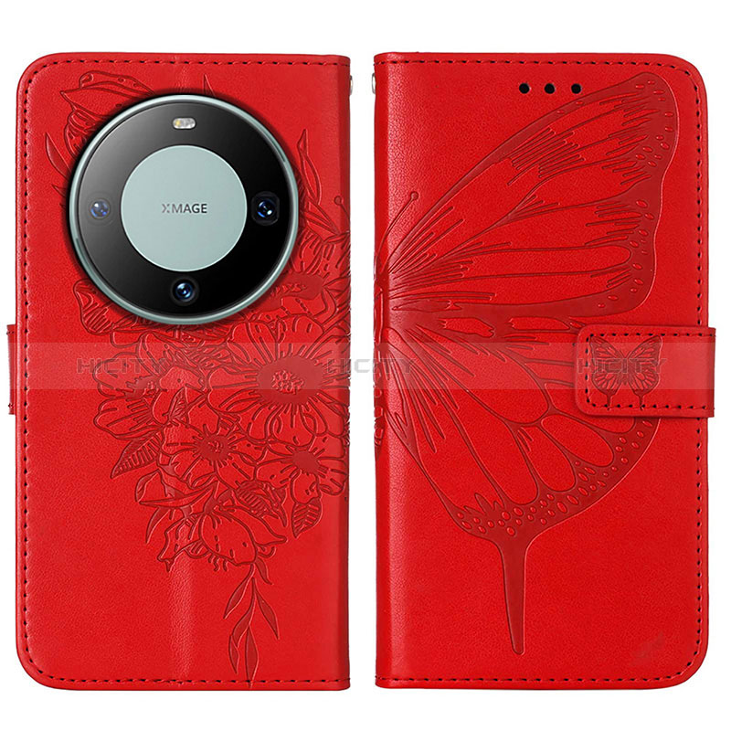 Coque Portefeuille Papillon Livre Cuir Etui Clapet YB2 pour Huawei Mate 60 Pro Rouge Plus