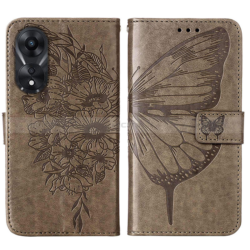 Coque Portefeuille Papillon Livre Cuir Etui Clapet YB2 pour Oppo A58 5G Gris Plus