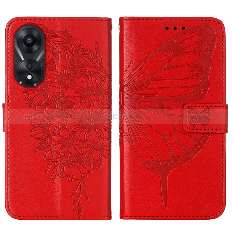 Coque Portefeuille Papillon Livre Cuir Etui Clapet YB2 pour Oppo A78 5G Rouge Plus