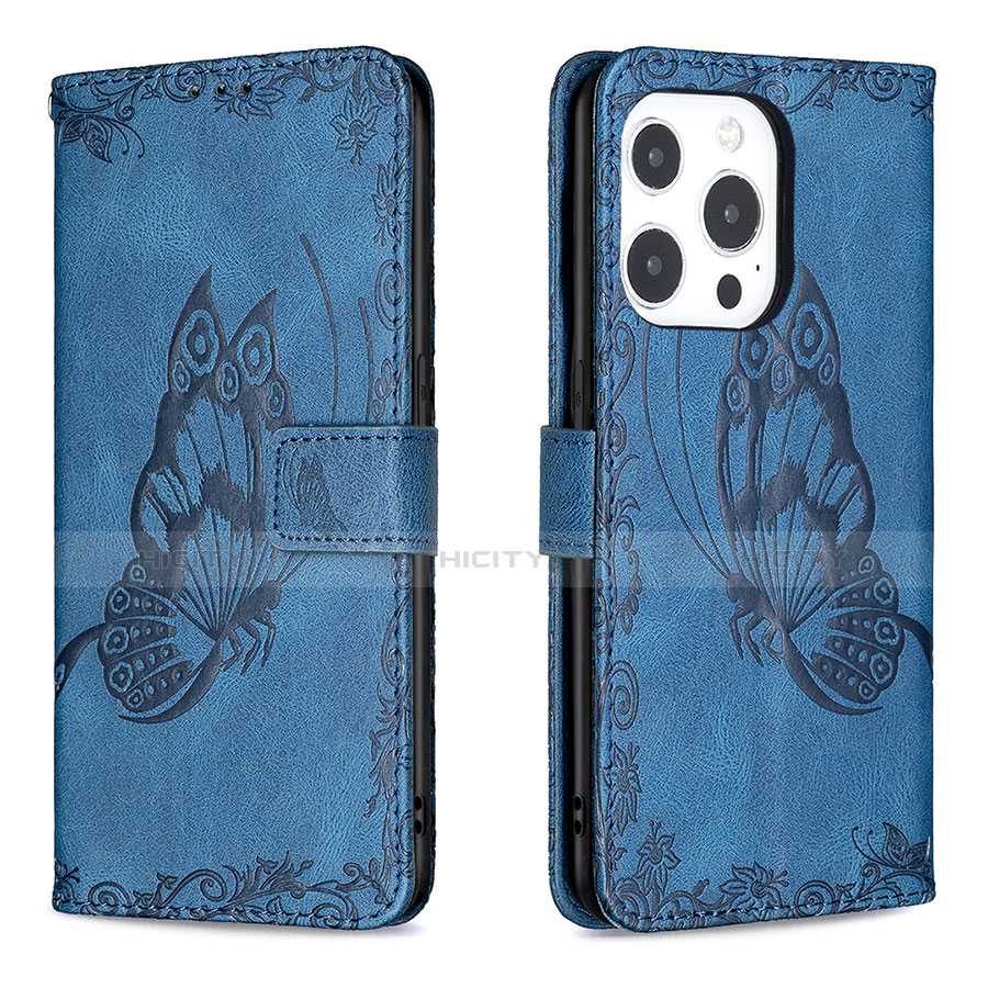 Coque Portefeuille Papillon Livre Cuir Etui Clapet Z01 pour Apple iPhone 14 Pro Bleu Plus