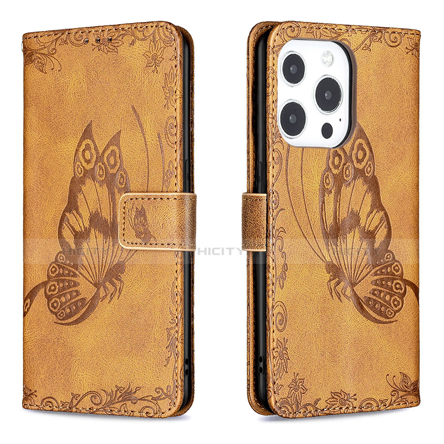 Coque Portefeuille Papillon Livre Cuir Etui Clapet Z01 pour Apple iPhone 14 Pro Marron Plus