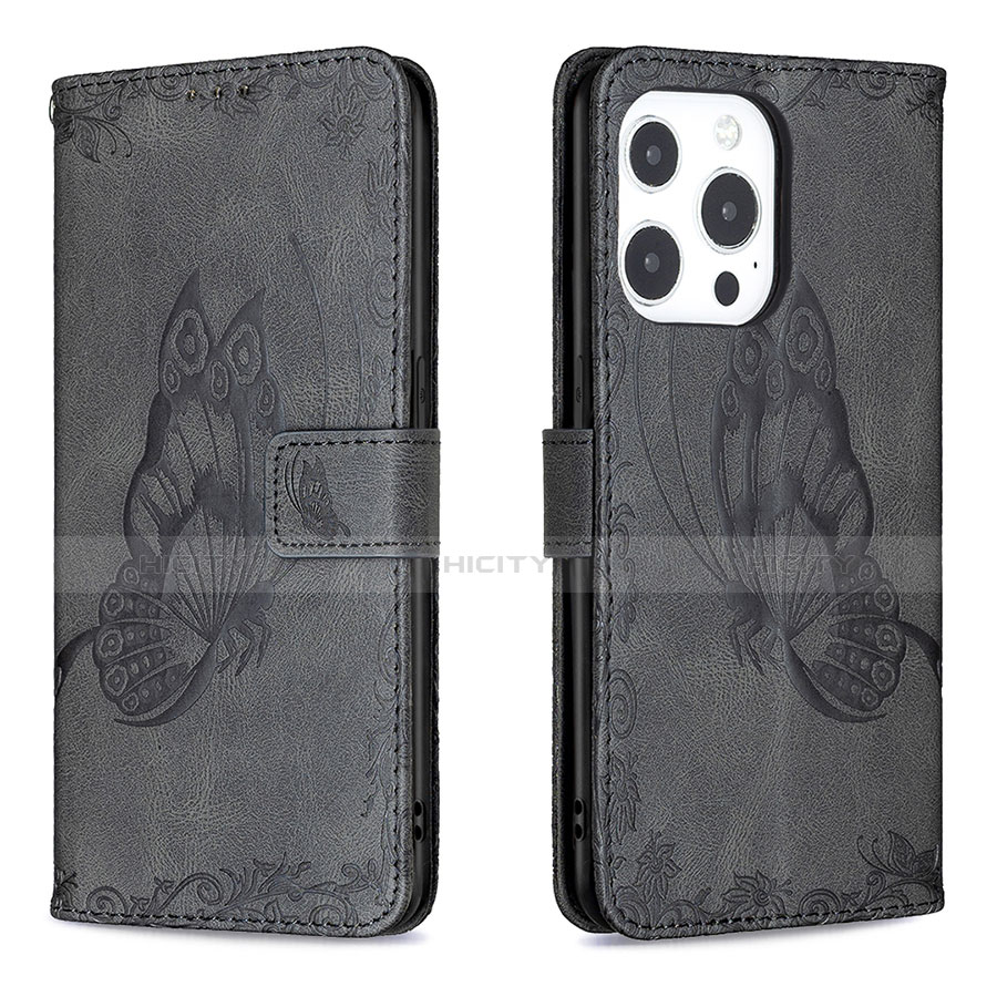 Coque Portefeuille Papillon Livre Cuir Etui Clapet Z01 pour Apple iPhone 14 Pro Max Noir Plus