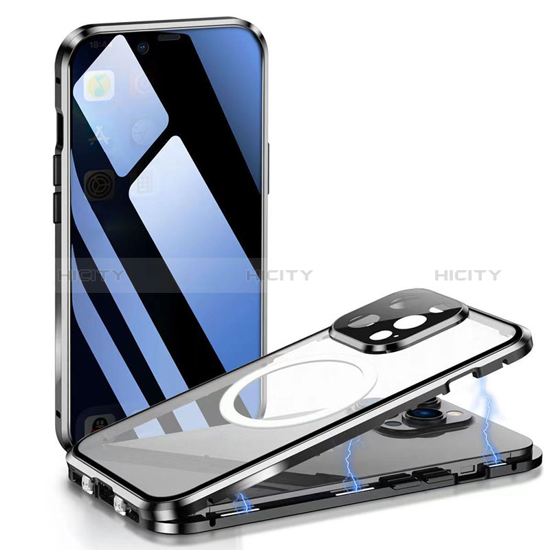 Coque Rebord Bumper Luxe Aluminum Metal Miroir 360 Degres Housse Etui Aimant avec Mag-Safe Magnetic Magnetique pour Apple iPhone 15 Pro Max Plus