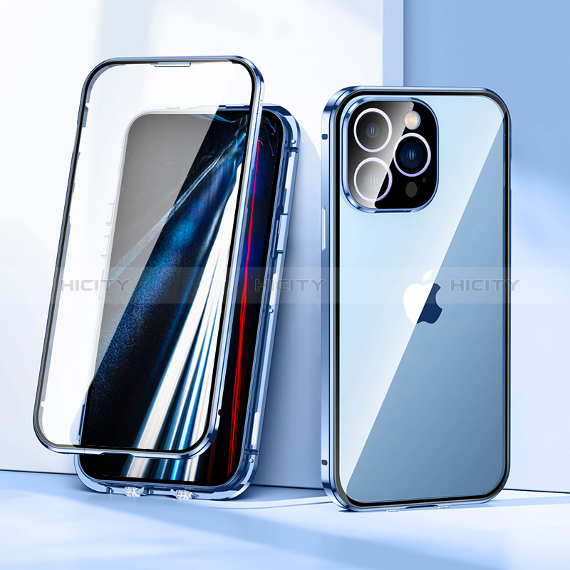 Coque Rebord Bumper Luxe Aluminum Metal Miroir 360 Degres Housse Etui Aimant LK1 pour Apple iPhone 13 Pro Bleu Plus