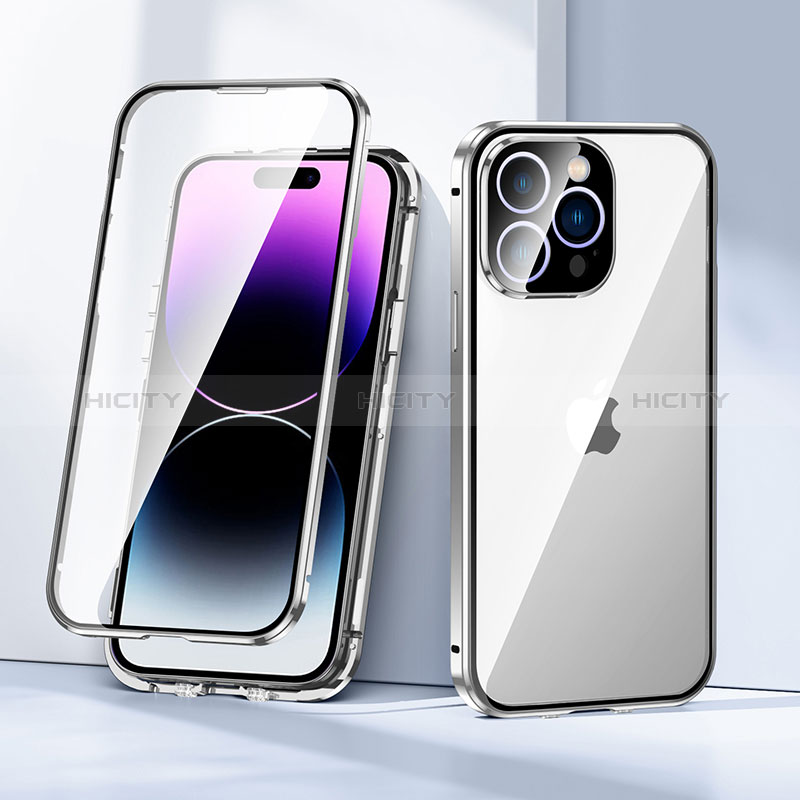 Coque Rebord Bumper Luxe Aluminum Metal Miroir 360 Degres Housse Etui Aimant LK2 pour Apple iPhone 14 Pro Argent Plus