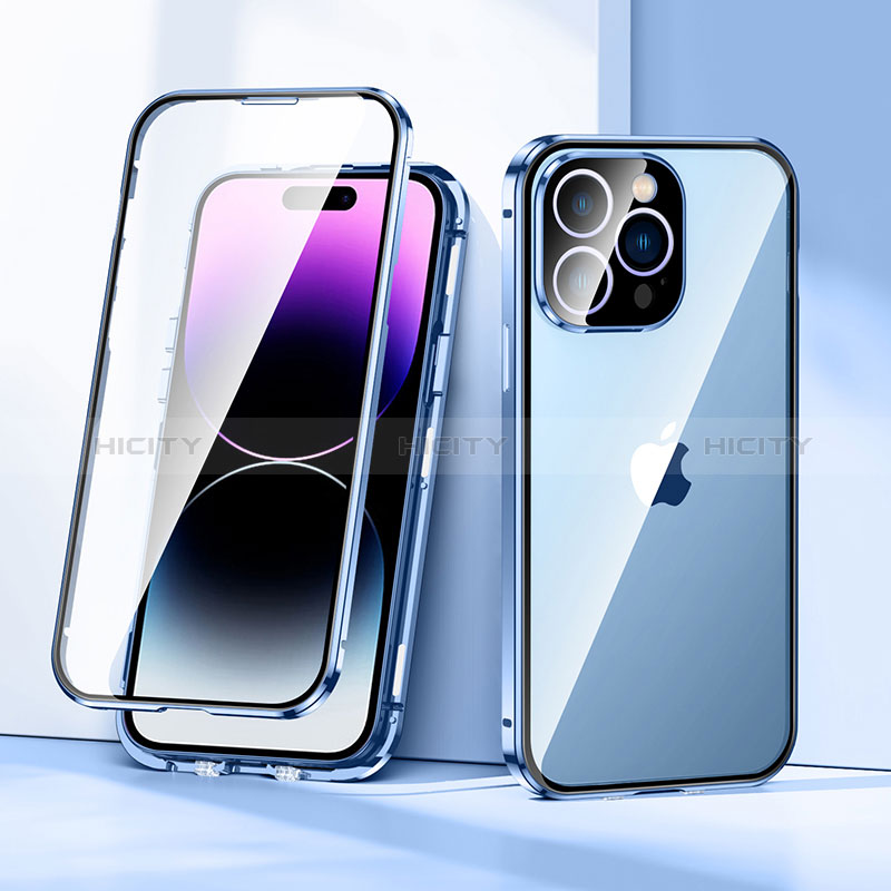 Coque Rebord Bumper Luxe Aluminum Metal Miroir 360 Degres Housse Etui Aimant LK2 pour Apple iPhone 14 Pro Max Bleu Plus