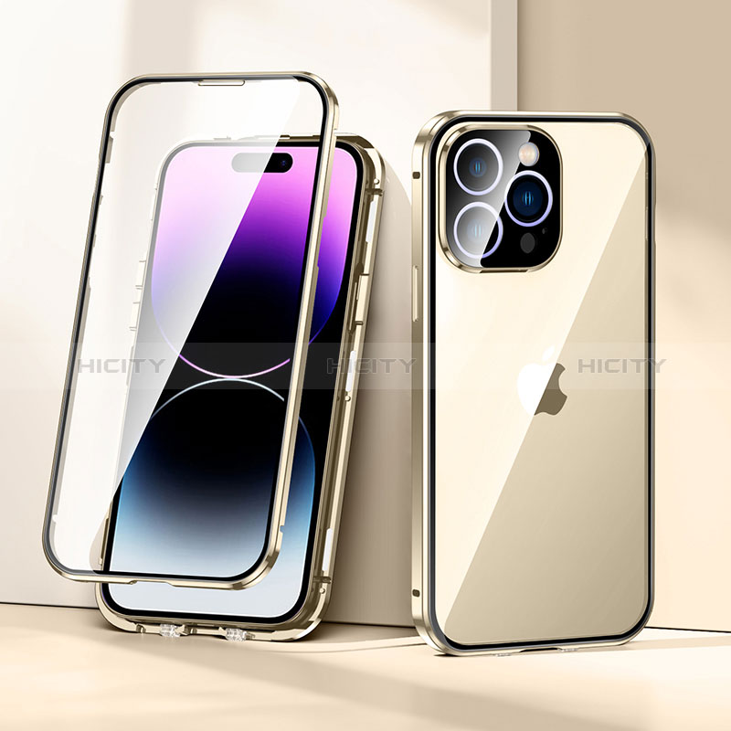 Coque Rebord Bumper Luxe Aluminum Metal Miroir 360 Degres Housse Etui Aimant LK2 pour Apple iPhone 14 Pro Max Or Plus