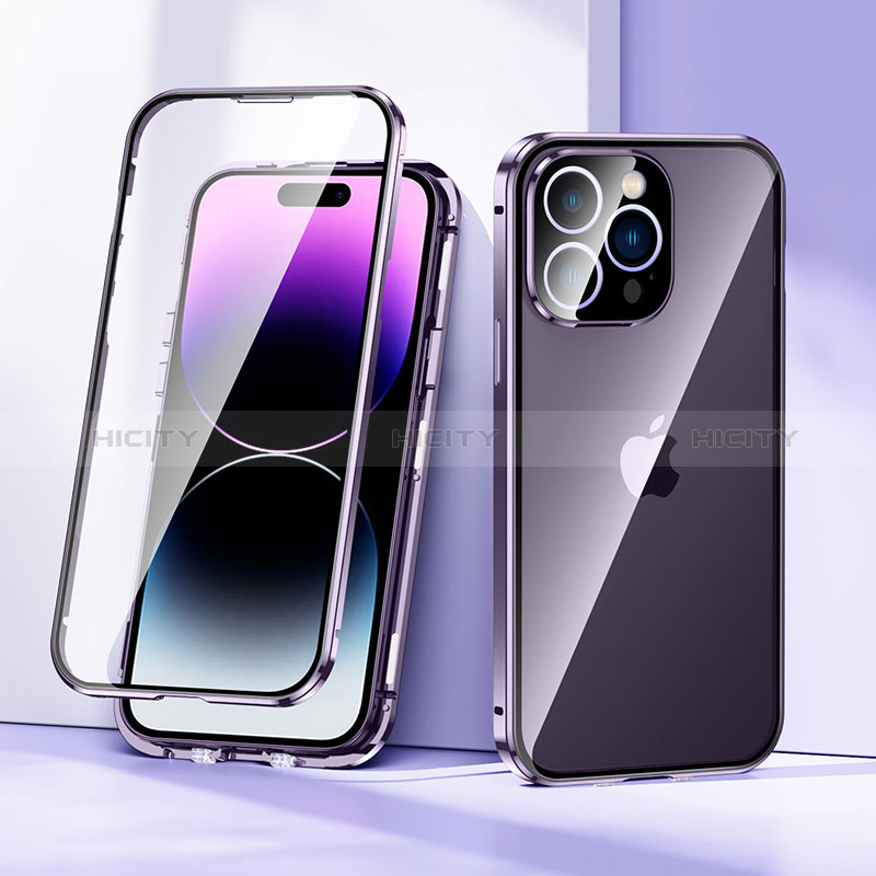 Coque Rebord Bumper Luxe Aluminum Metal Miroir 360 Degres Housse Etui Aimant LK2 pour Apple iPhone 14 Pro Max Violet Plus