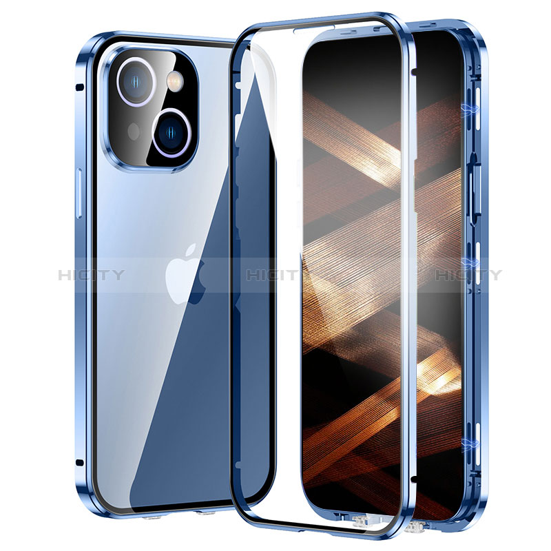 Coque Rebord Bumper Luxe Aluminum Metal Miroir 360 Degres Housse Etui Aimant LK2 pour Apple iPhone 15 Bleu Plus