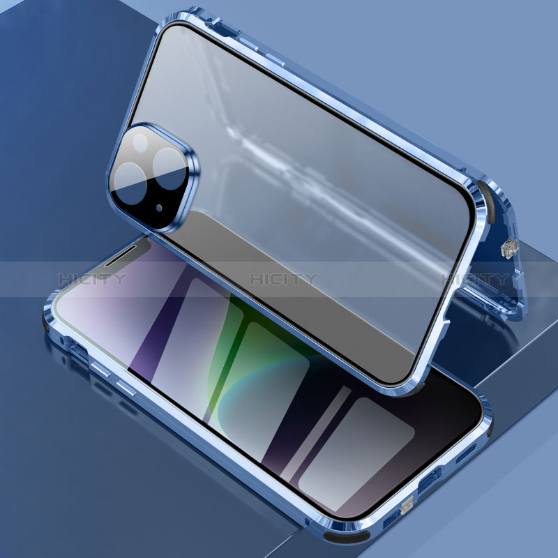 Coque Rebord Bumper Luxe Aluminum Metal Miroir 360 Degres Housse Etui Aimant LK3 pour Apple iPhone 13 Bleu Plus