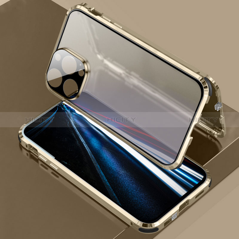 Coque Rebord Bumper Luxe Aluminum Metal Miroir 360 Degres Housse Etui Aimant LK3 pour Apple iPhone 13 Pro Max Or Plus