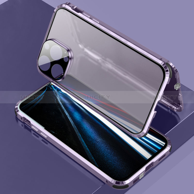 Coque Rebord Bumper Luxe Aluminum Metal Miroir 360 Degres Housse Etui Aimant LK3 pour Apple iPhone 13 Pro Max Violet Plus