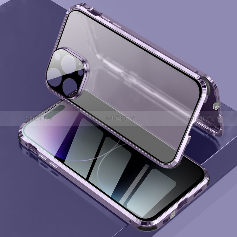 Coque Rebord Bumper Luxe Aluminum Metal Miroir 360 Degres Housse Etui Aimant LK3 pour Apple iPhone 14 Pro Max Violet Plus