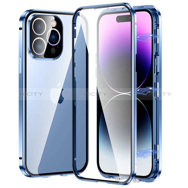 Coque Rebord Bumper Luxe Aluminum Metal Miroir 360 Degres Housse Etui Aimant LO1 pour Apple iPhone 14 Pro Bleu Plus