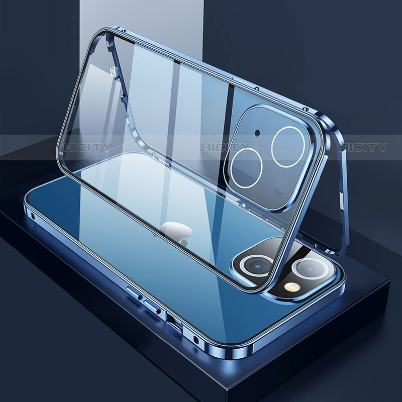 Coque Rebord Bumper Luxe Aluminum Metal Miroir 360 Degres Housse Etui Aimant M01 pour Apple iPhone 13 Bleu Plus