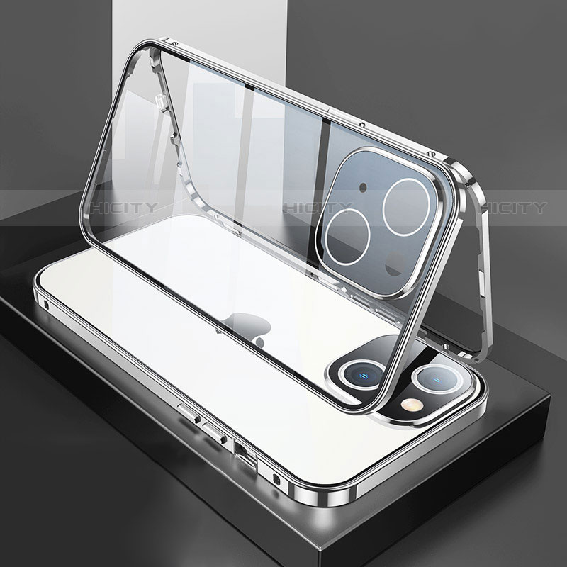 Coque Rebord Bumper Luxe Aluminum Metal Miroir 360 Degres Housse Etui Aimant M01 pour Apple iPhone 13 Mini Argent Plus