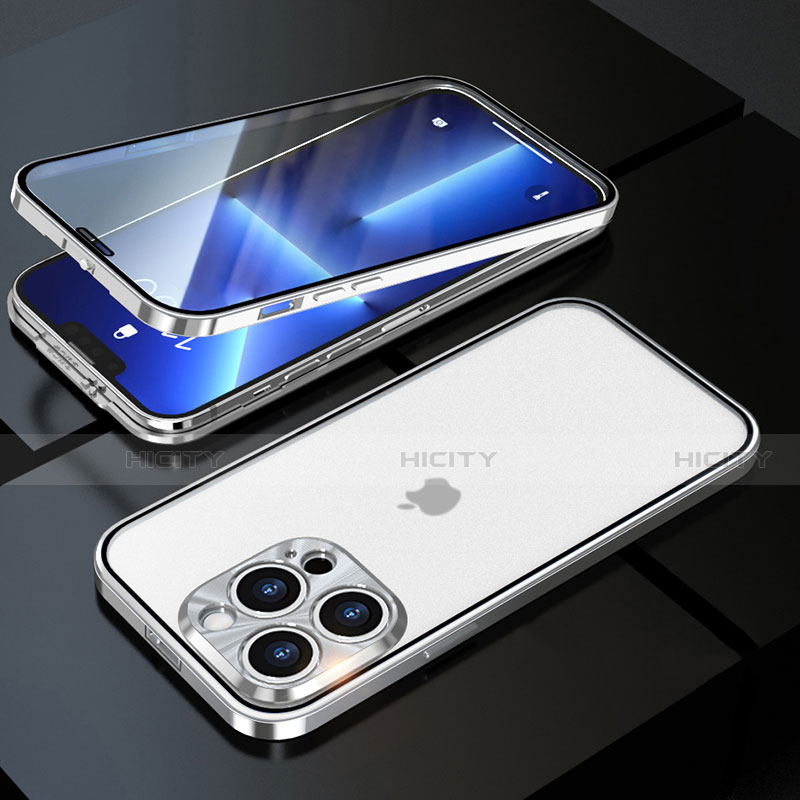 Coque Rebord Bumper Luxe Aluminum Metal Miroir 360 Degres Housse Etui Aimant M01 pour Apple iPhone 13 Pro Argent Plus