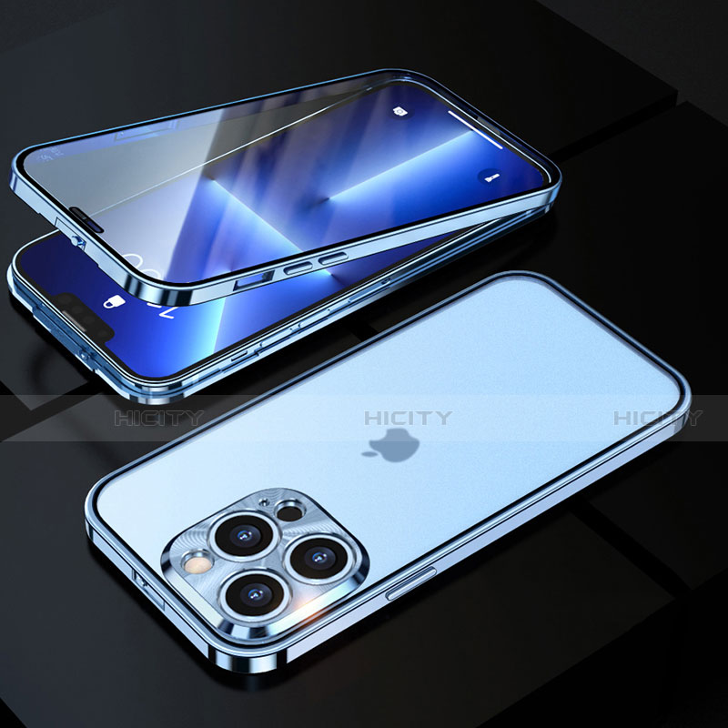 Coque Rebord Bumper Luxe Aluminum Metal Miroir 360 Degres Housse Etui Aimant M01 pour Apple iPhone 13 Pro Bleu Plus