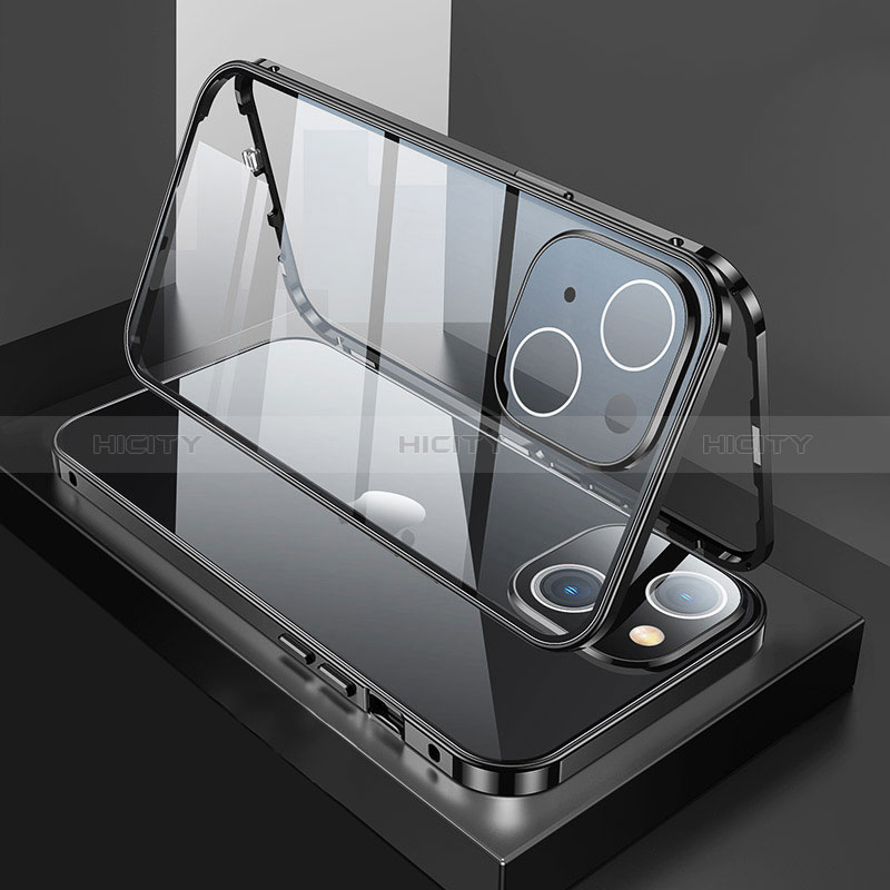 Coque Rebord Bumper Luxe Aluminum Metal Miroir 360 Degres Housse Etui Aimant M01 pour Apple iPhone 15 Noir Plus